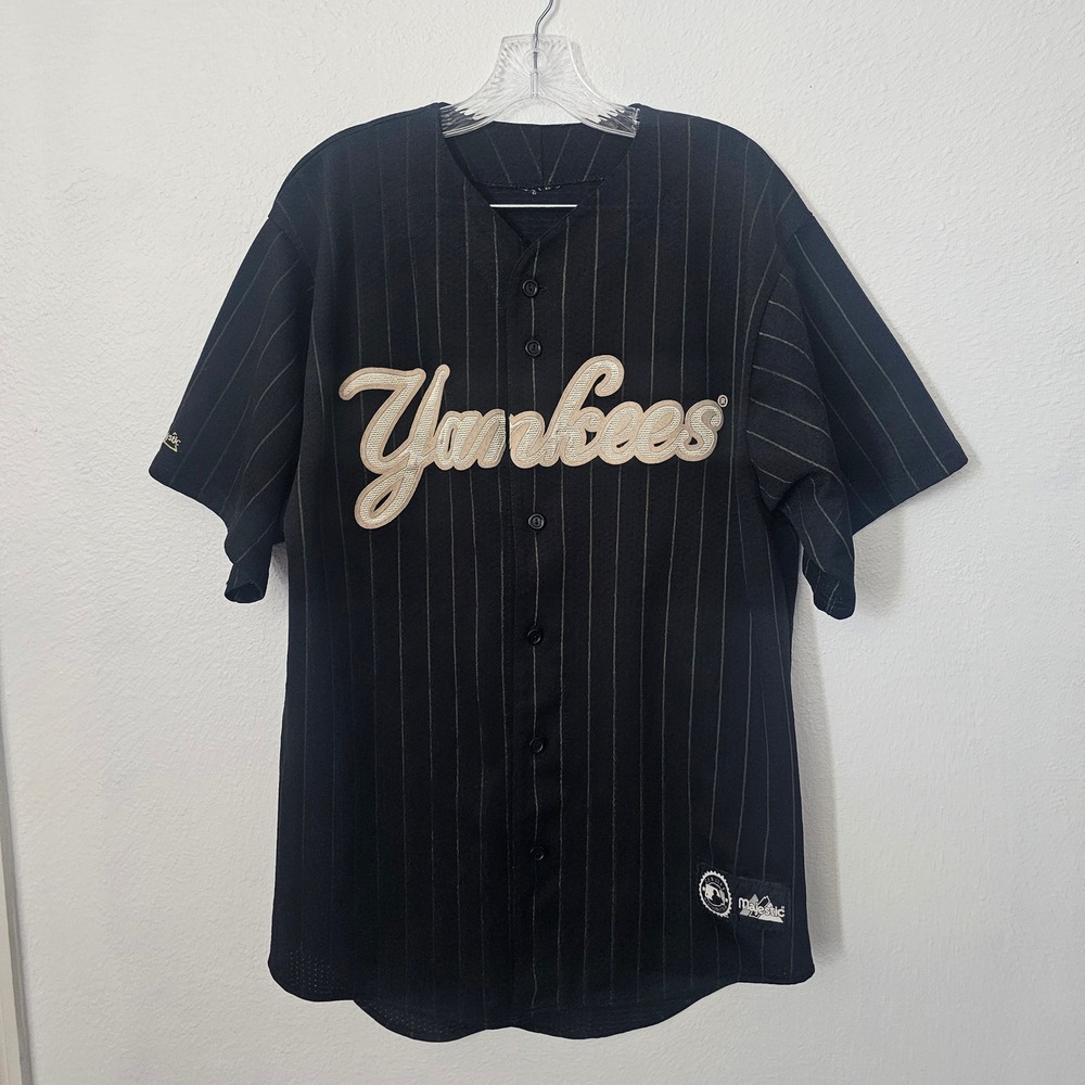 Majestic New York Yankees Baseball Jersey Mens Black Gold Pinstripe Mesh MLB